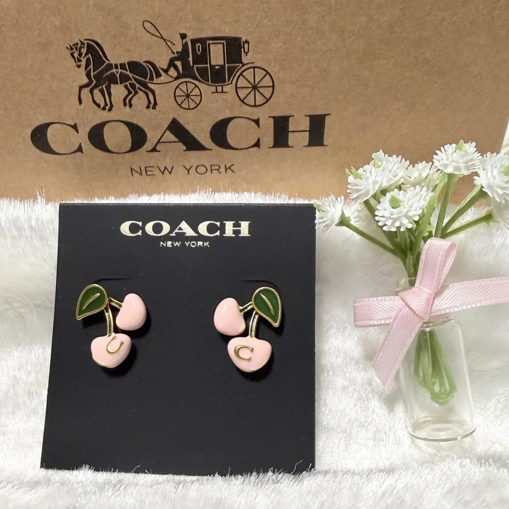 🌸✨Coach Cherry Stud Earrings • Gold/Pink - Picture 1 of 8